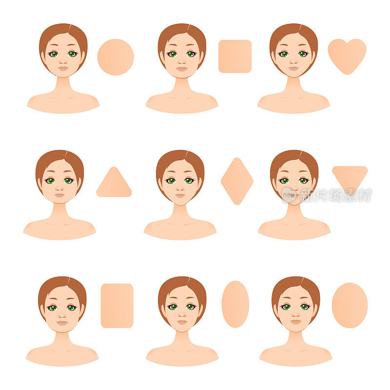 Set of nine different woman face types. Vector illustration